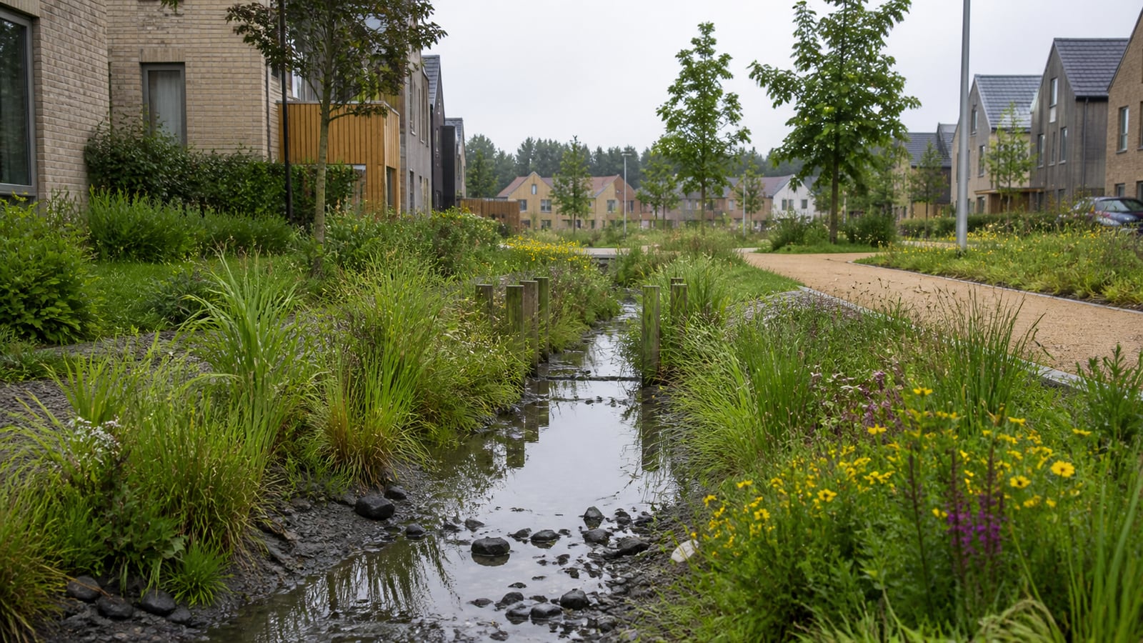 Een wadi en regentuin in een woonwijk