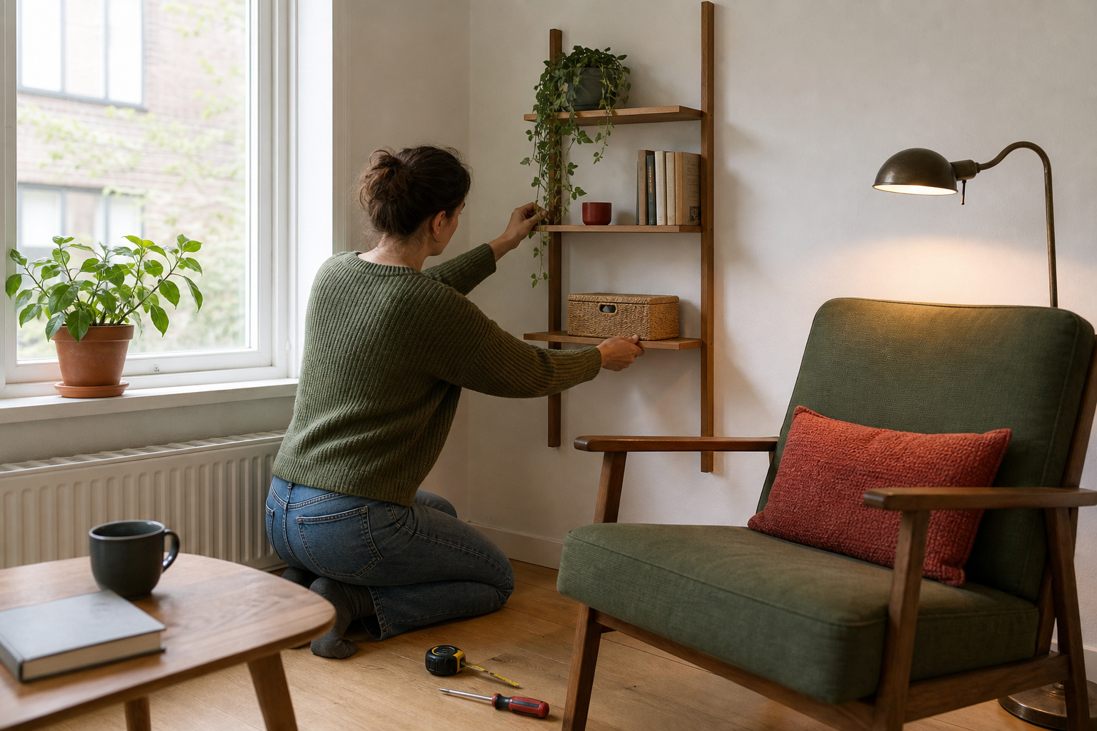 Bewoner richt een smalle houten wandplank in naast een groene leesstoel