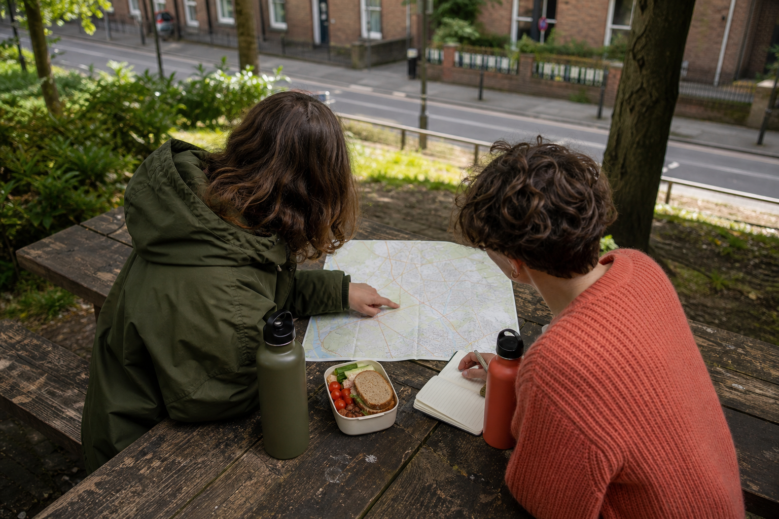 Twee mensen plannen aan een houten tafel een route met kaart, lunch en drinkflessen