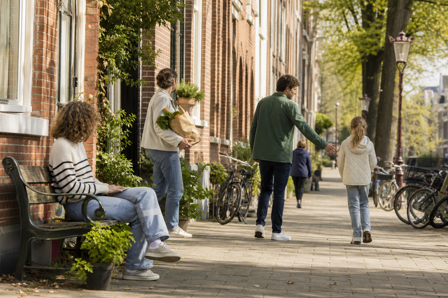 Bewoners delen rustig een groene stoep met bankje en geparkeerde fietsen